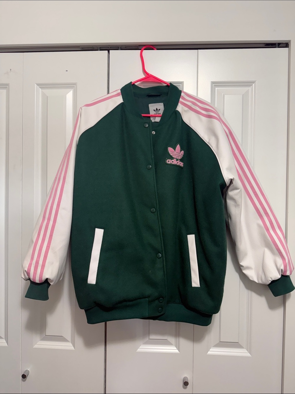 adidas Dark Green Bomber Jacket with Pink & White Stripes